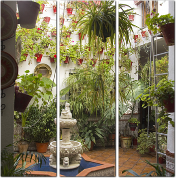 Андалузский внутренний дворик с фонтаном и растениями