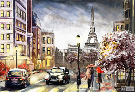 Фотообои Улица Парижа с видом на Эйфелеву башню. Картина маслом