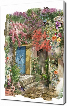 Акварельная зарисовка с цветочным двориком