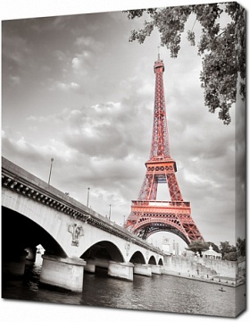 Вид красной Эйфелевой башни на черно-белом фото