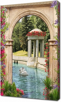 Арка с цветами с видом на лебедей в пруду