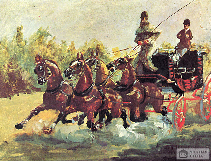 Граф Альфонс де Тулуз-Лотрек правит упряжкой из четырех лошадей