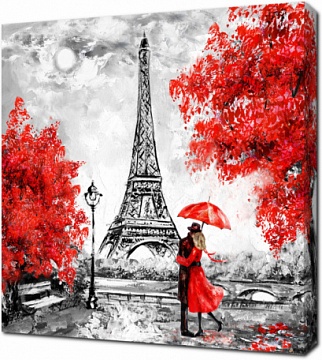 Пара под зонтом на фоне Эйфелевой башни в Париже. Картина Маслом