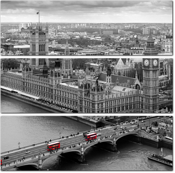 Черно-белый аэрофотоснимок Лондона с красными автобусами