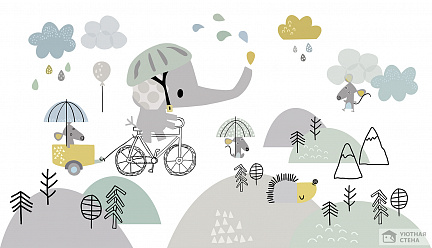 Слон с мышами на велосипеде