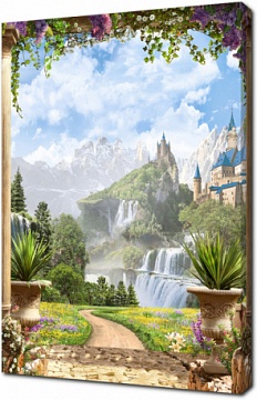 Арка террасы с видом на горы, замок и водопад