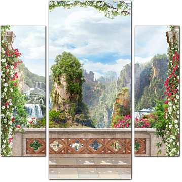 Балкон с цветами с видом на горы и водопад