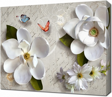 Белые 3D цветы с бабочками