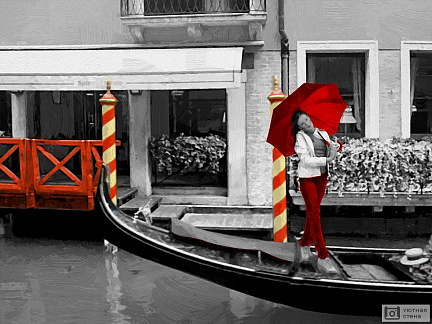 Фотообои Девушка с зонтом на гондоле в стиле масляной живописи