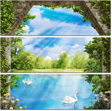 Терраса с аркой у озера с лебедями