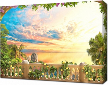 Украшенный цветами балкон с видом на закат на море