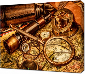 Винтажный компас, телескоп, карманные часы  и увеличительное стекло