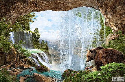 Медведь в пещере с водопадом