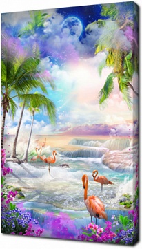 Райский пейзаж с фламинго и пальмами