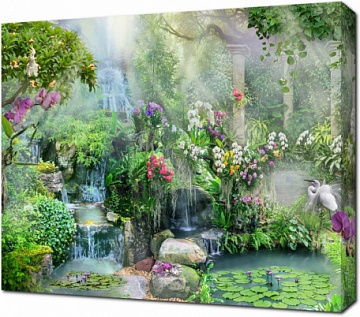 Сад с экзотическими цветами и водопадом