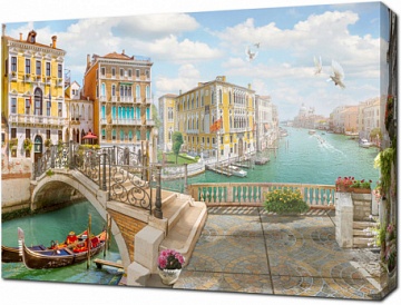 Голуби в ясный день на берегу канала в Венеции