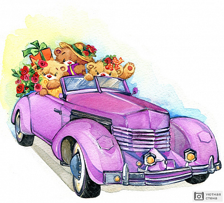 Медведь Тедди в сиреневом автомобиле