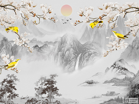 Черно-белый пейзаж с цветными птицами