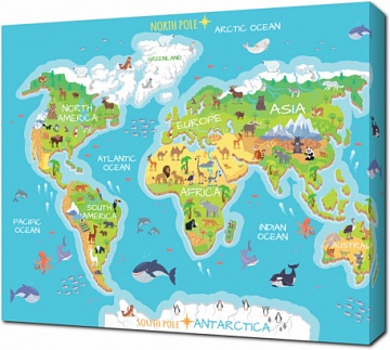 Детская карта мира с флорой и фауной