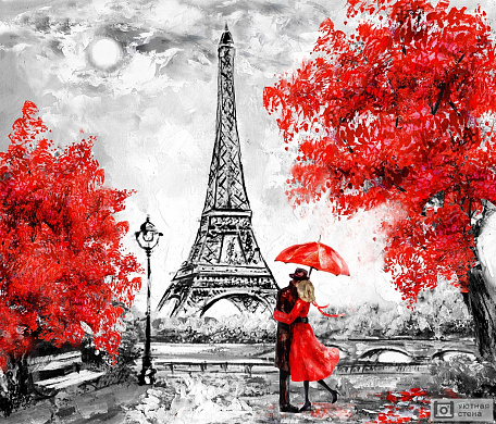 Фотообои Пара под зонтом на фоне Эйфелевой башни в Париже. Картина Маслом