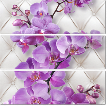 Лиловые орхидеи на кожаной белой обивке