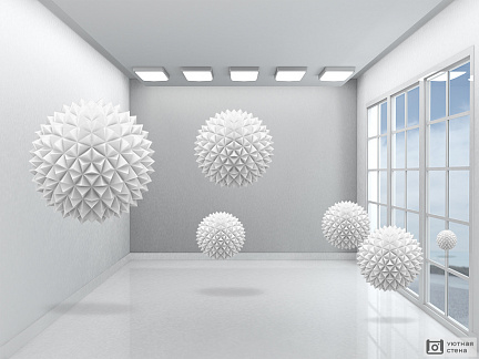 Геометричные шары в белой комнате