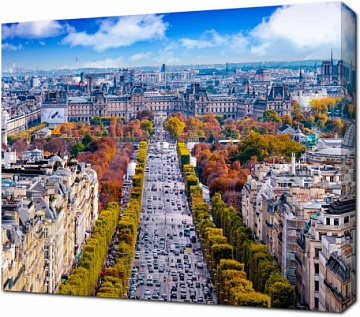 Вид на Елисейские поля с Триумфальной арки осенью. Париж. Франция