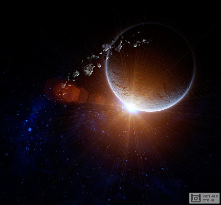 Планета с астероидом на фоне звезд