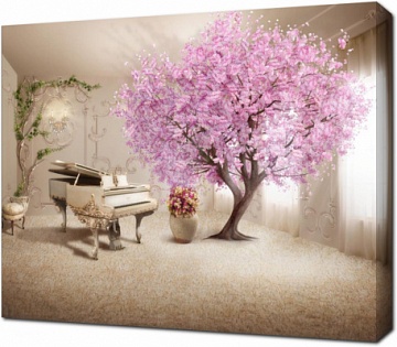 Рояль в комнате с цветущем деревом