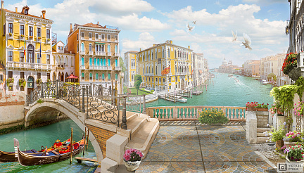 Фотообои Голуби в ясный день на берегу канала в Венеции
