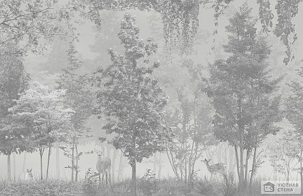 Олени и кролик в туманном лесу