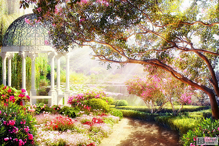 Беседка в цветущем саду у пруда