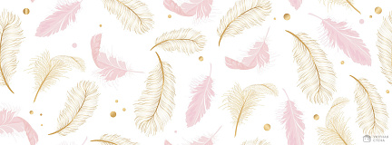 Золотистые и розовые перья на белом фоне