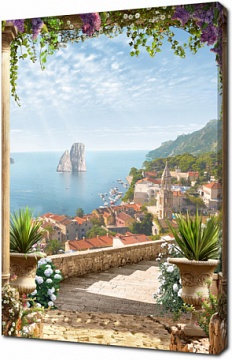 Арка террасы с цветами с лестницей к берегу моря