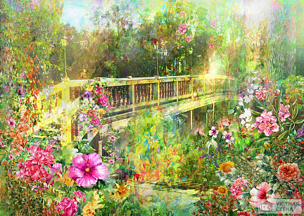 Мостик через реку в цветах