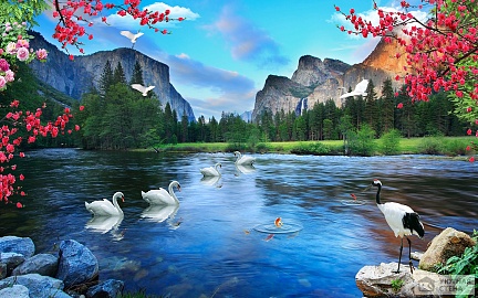 Горное озеро с лебедями