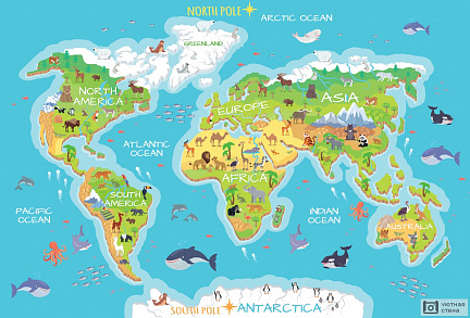 Детская карта мира с флорой и фауной