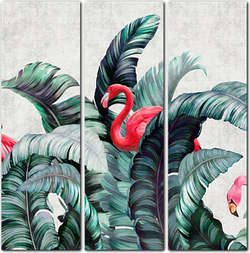 Яркие фламинго в тропических листьях