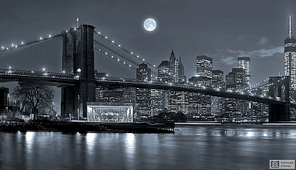 Фотообои Черно-белое изображения Бруклинского моста на фоне луны, Нью-Йорк