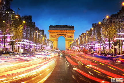 Фотообои Елисейские поля и Триумфальная арка на закате. Париж. Франция