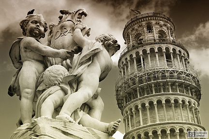 Фотообои Падающая башня и статуя Ангела в Пизе, Италия