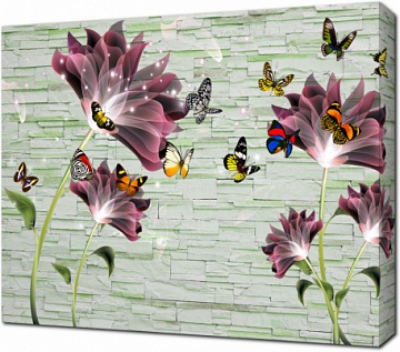 3D цветы и бабочки на фоне каменной стены