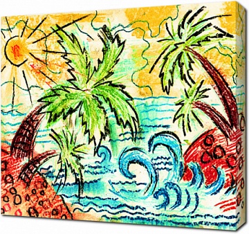 Детский рисунок с морем и пальмами