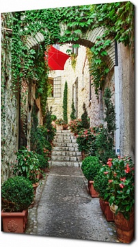 Узкая улица с цветами в старом городе во Франции