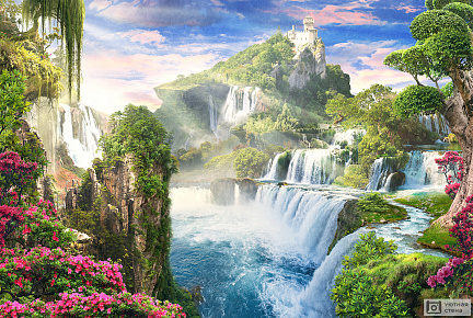 Пейзаж с видом на водопады и замок